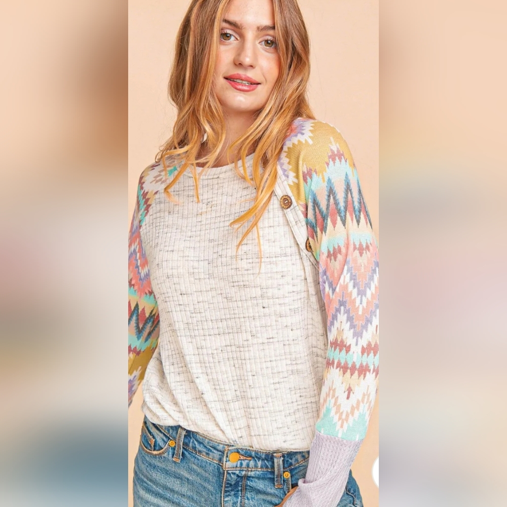 Plus Women's Slub Rib Ethnic Pattern Thermal Button Top